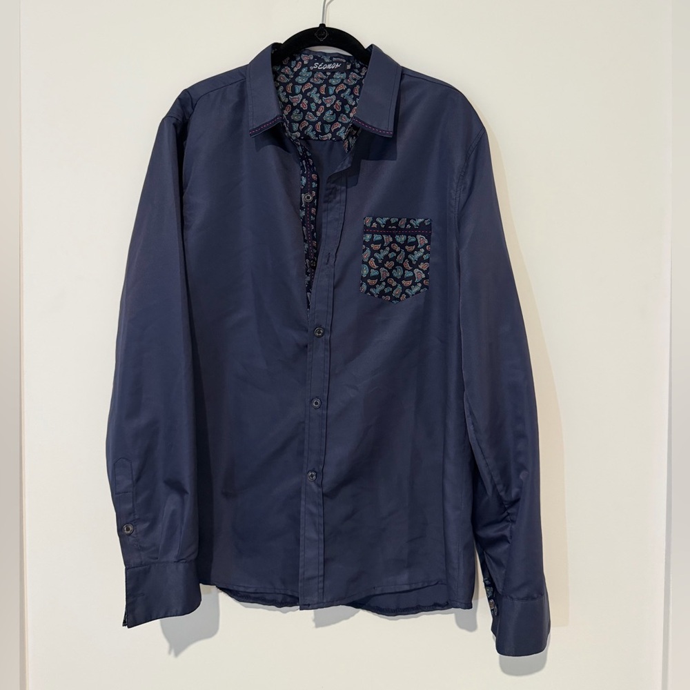 Elegant Navy Button-Down Shirt with Patterned Accents